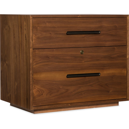 Elon Lateral File Cabinet by Hooker Furniture in walnut. Made from flat cut walnut veneers in a unique style.