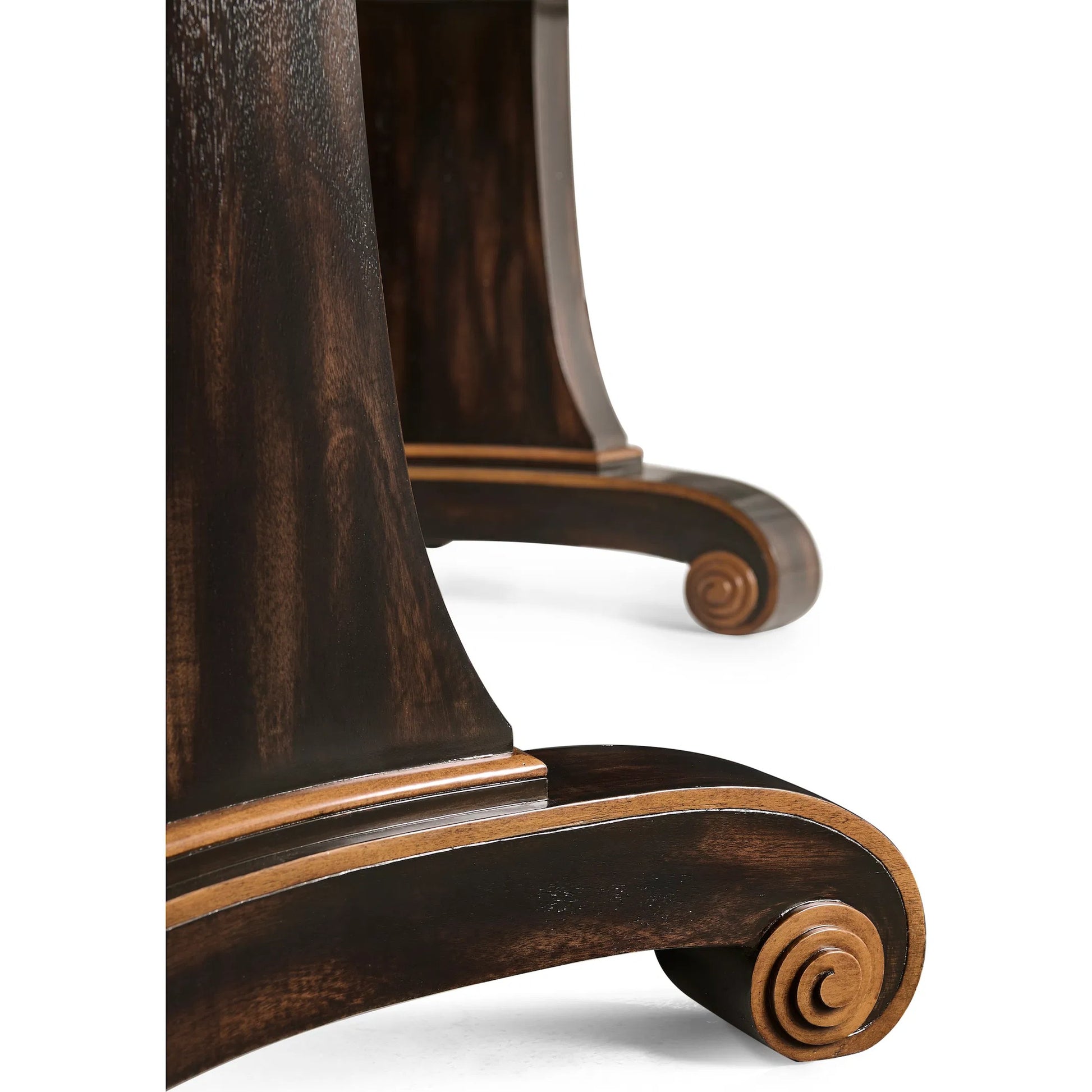 Rosette Dining Table by Jonathan Charles in medium crotch walnut. Made from celejeria veneer, brass, acacia veneer, beech, plywood in a modern style.
