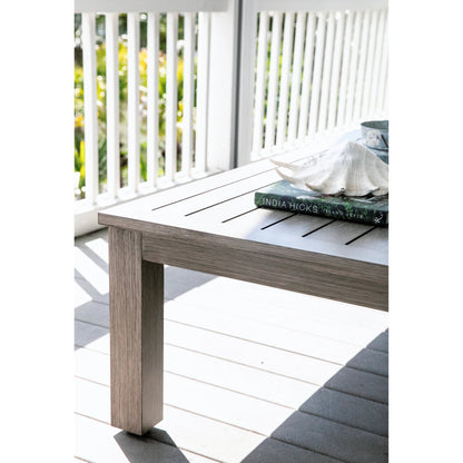 Laguna Outdoor Coffee Table by Sunset West in driftwood. Made from aluminum in a modern style.