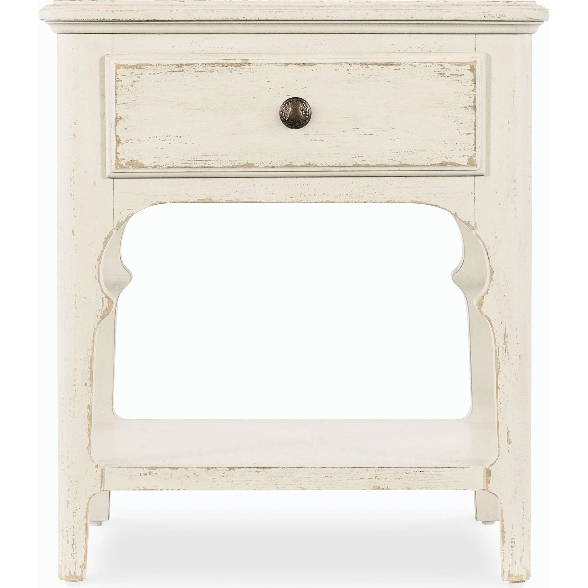 Americana End Table by Hooker Furniture in worn white. Made from oak veneers with solid-wood edge top in a cottage & farmhouse style.