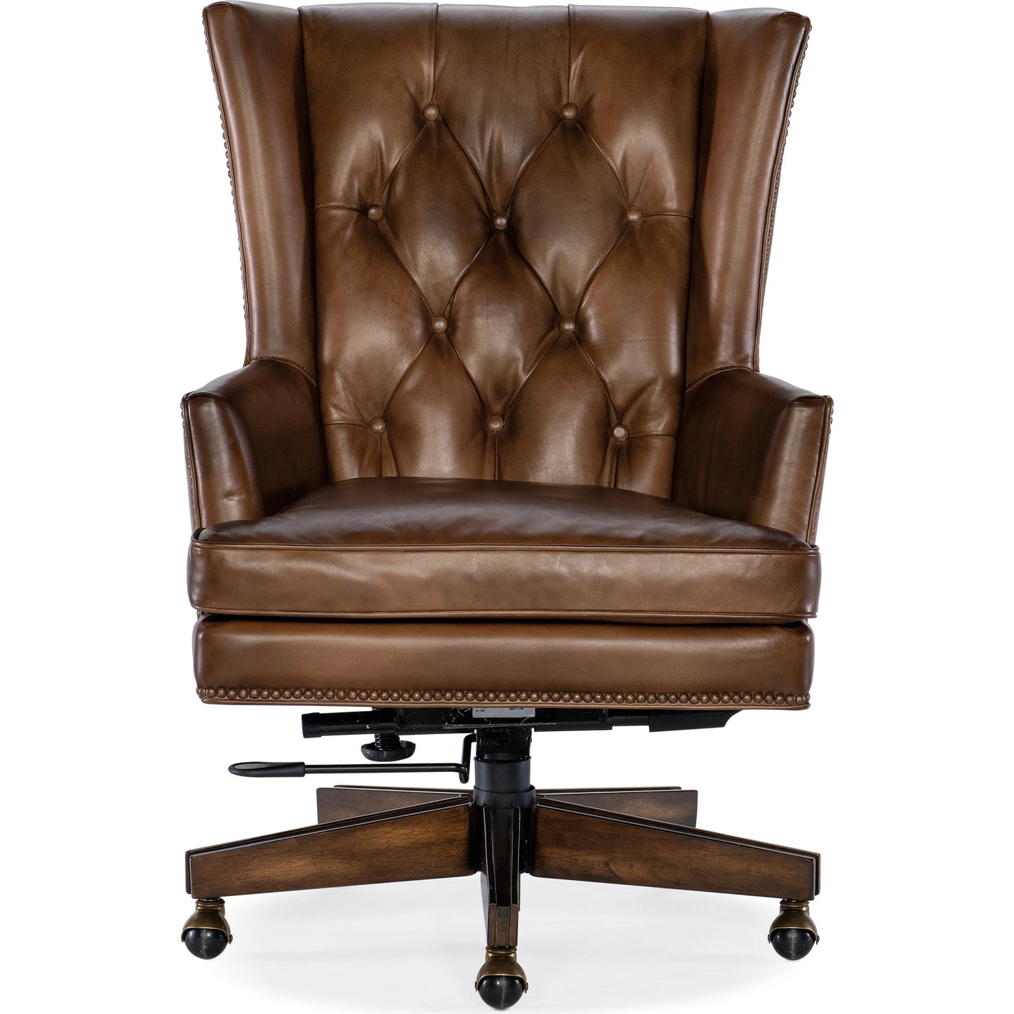 004 SI-2029066 | Additional Silo | Finley Executive Chair by Hooker Furniture in checkmate pawn and dark wood. Made from leather, checkmate pawn (aniline top grain) in a unique style.