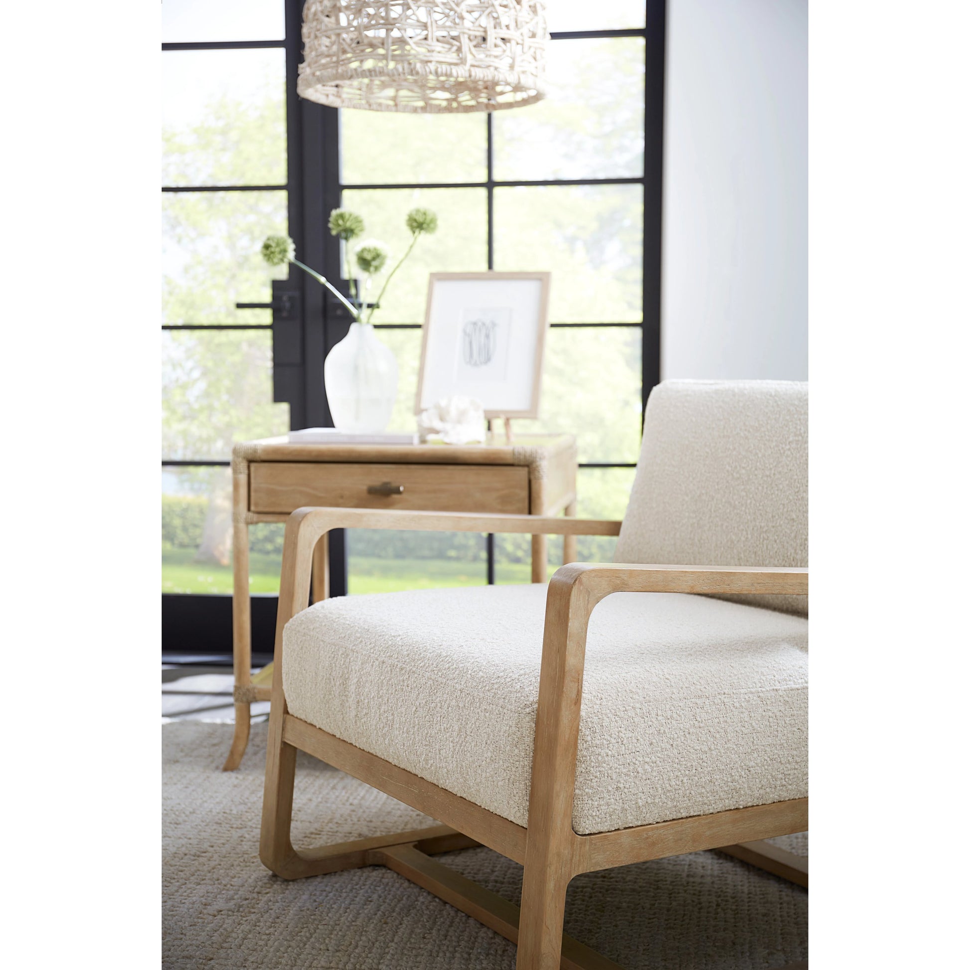 Retreat Pole Rattan End Table by Hooker Furniture in dune. Made from oak, maple veneers with rope in a cottage & farmhouse style.