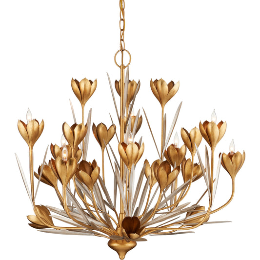 Hortensia Chandelier by Currey and Company in contemporary gold leaf, contemporary gold, contemporary silver leaf. Made from wrought iron in a modern style.