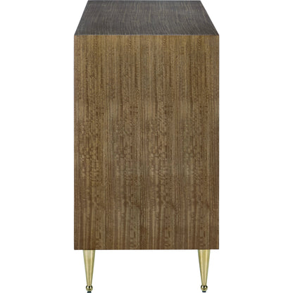 Colette Cabinet by Currey and Company in tawny brown, polished brass, mirror. Made from figured eucalyptus, stainless steel, glass in a modern style.