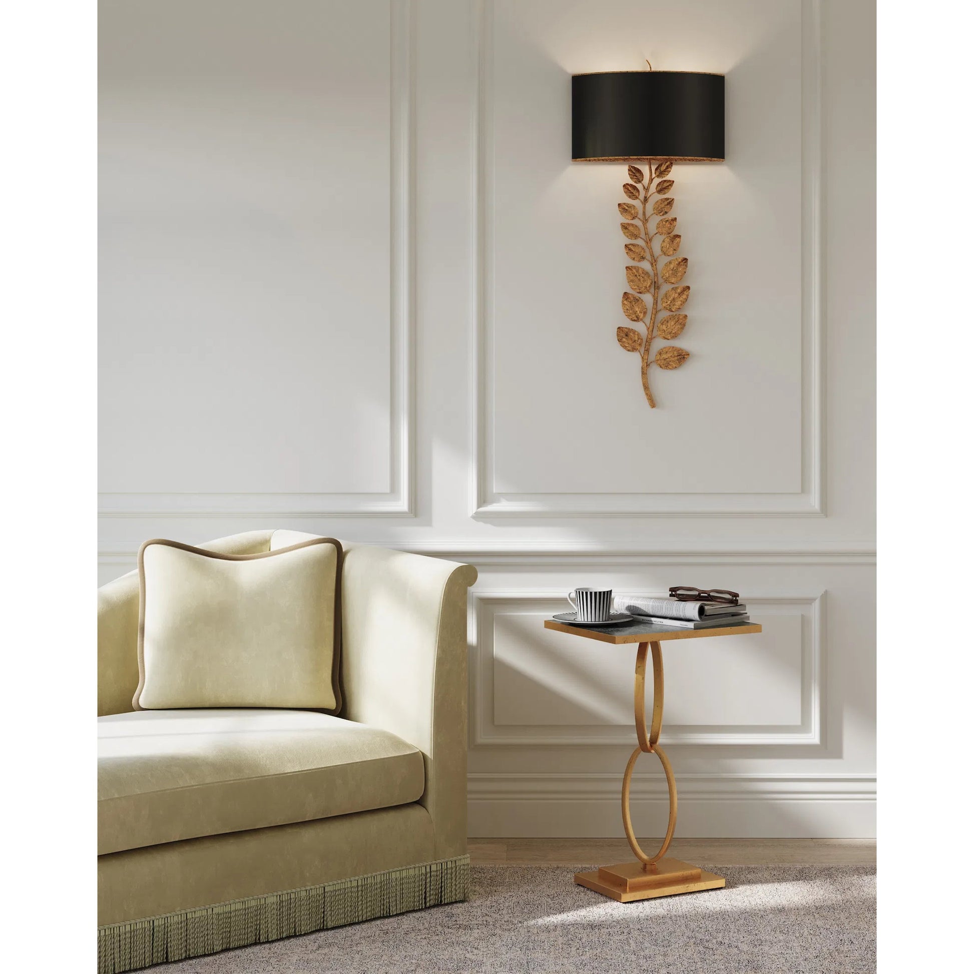 Birdwood Wall Sconce by Currey and Company in textured gold leaf, satin black. Made from satin black, gesso in a transitional style.