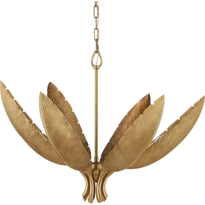 Bird of Paradise Chandelier by Currey and Company in antique brass. Made from brass, iron in a coastal style.