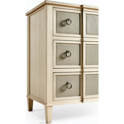 Water Neap Leather Front Chest by Jonathan Charles in ash blonde. Made from died koto veneer, leather, brass in a transitional style.