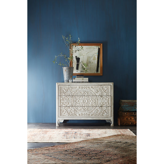 La Grange Lockhart Three-Drawer Accent Chest by Hooker Furniture in antique white. Made from pecan veneers in a transitional style.