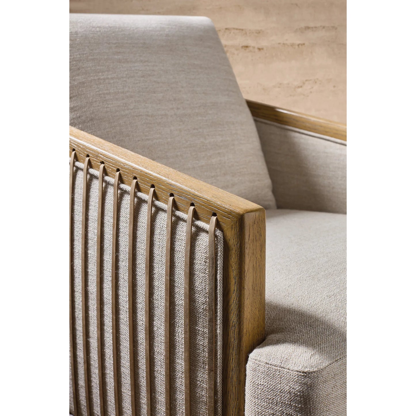 003 SI-2354039 | Closeup | Enveyed Stationary Chair by Hooker Furniture in classic linen and cashew. Made from fabric in a transitional style.