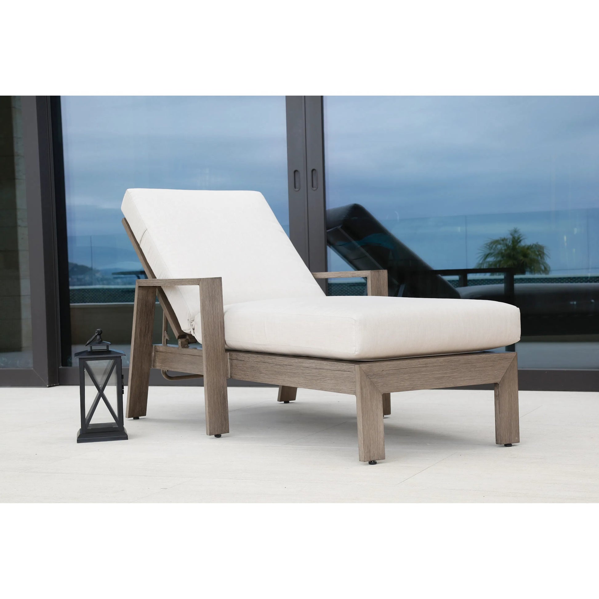 Laguna Outdoor Chaise Lounge by Sunset West in browns. Made from aluminum in a modern style.