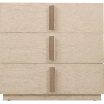 Westwood Three-Drawer Nightstand by Hooker Furniture in light wood and polished limestone. Made from oak veneers in a transitional style.