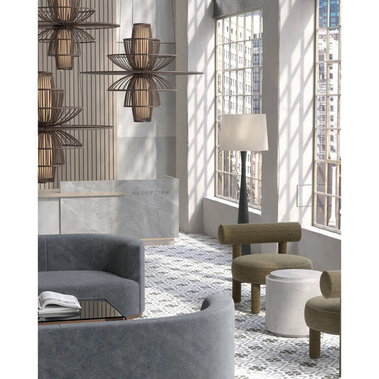 Benjiro Chandelier by Currey and Company in cupertino, off-white. Made from wrought iron in a modern style.