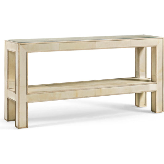 Hydra Console Table by Jonathan Charles in parchment oak. Made from oak, oak veneer, brass, vellum in a unique style.