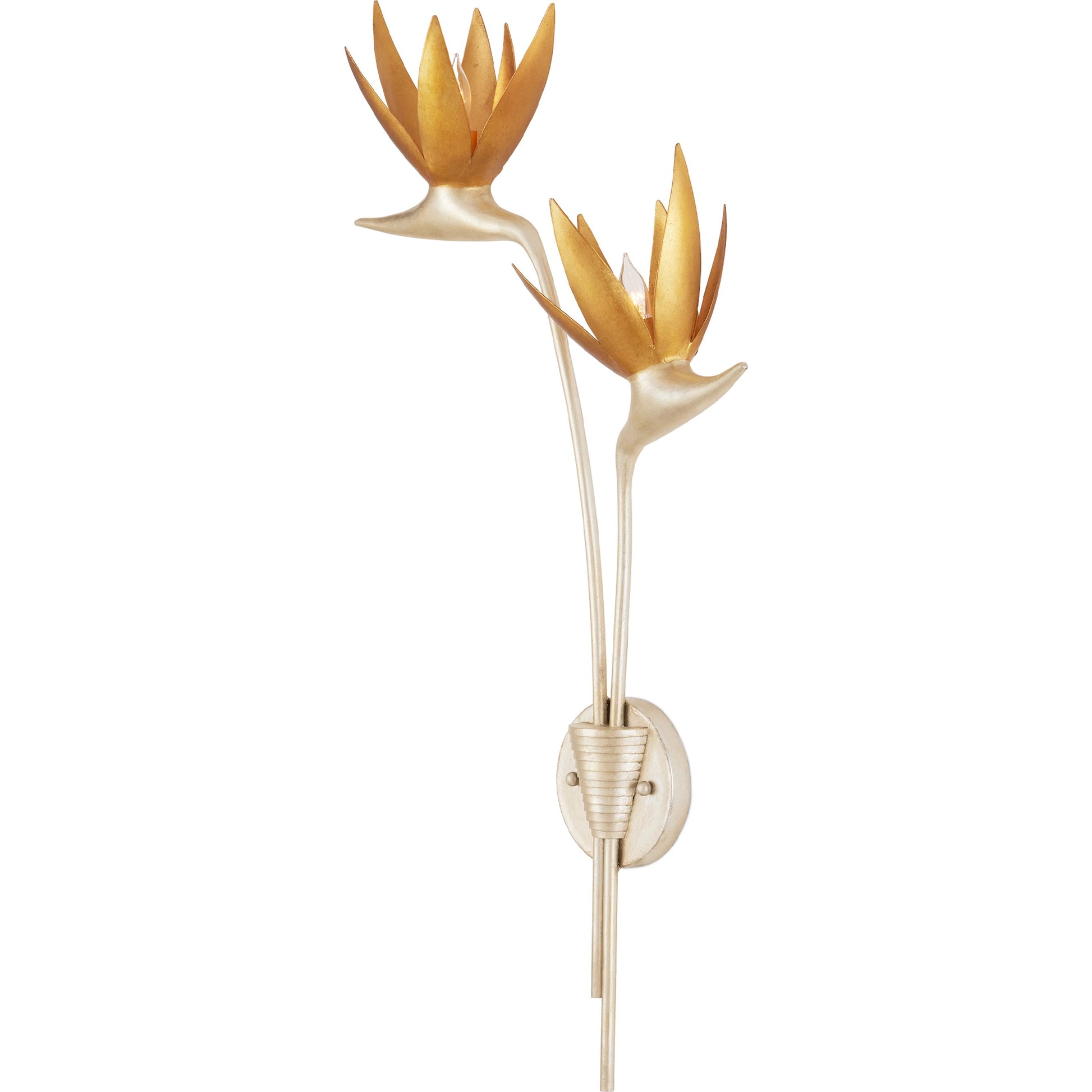 Paradiso Wall Sconce by Currey and Company in contemporary silver leaf, contemporary gold leaf. Made from wrought iron in a modern style.