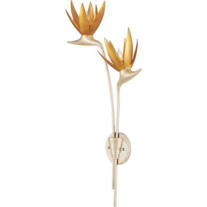 Paradiso Wall Sconce by Currey and Company in contemporary silver leaf, contemporary gold leaf. Made from wrought iron in a modern style.