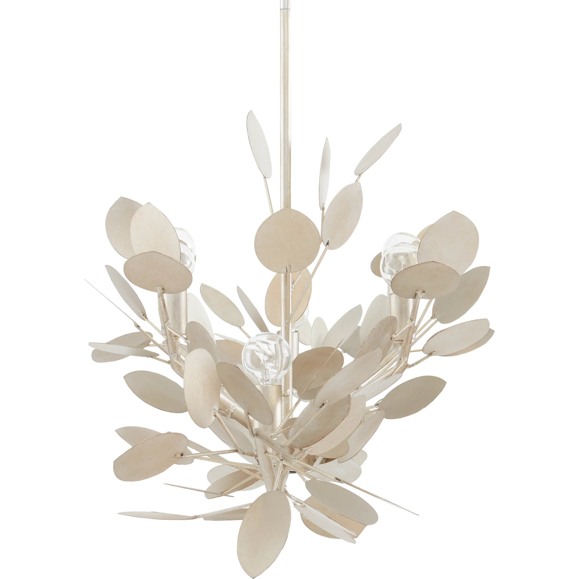 Lunaria Oval Chandelier by Currey and Company in contemporary silver leaf. Made from wrought iron in a transitional style.