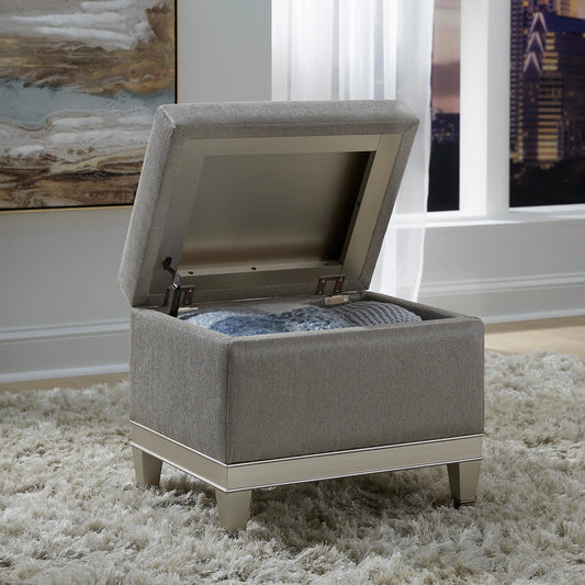 Zoey Vanity Storage Bench by Pulaski Furniture in metallic grey. Made from poplar wood, mdf, maple veneers in a modern style.