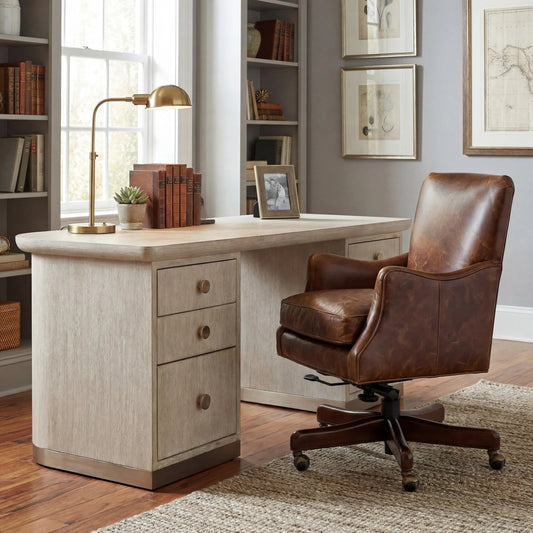 Barker Executive Swivel Tilt Chair by Hooker Furniture in brown. Made from leather in a traditional style.
