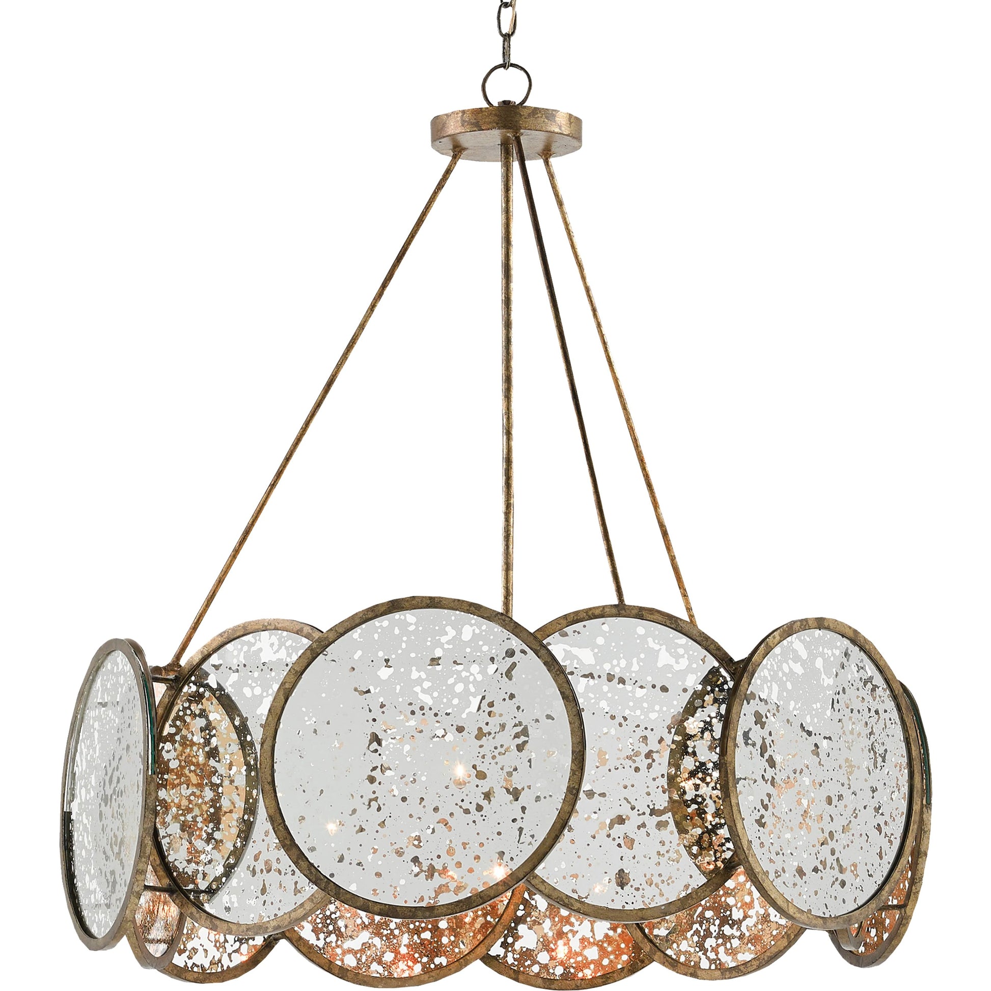 Oliveri Chandelier by Currey and Company in pyrite bronze, raj mirror. Made from wrought iron, glass in a modern style.