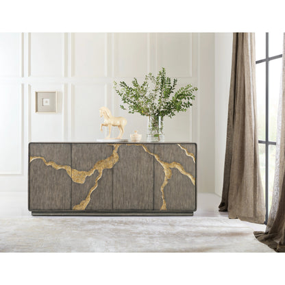 Melange Fissured Entertainment Credenza by Hooker Furniture in dark wood. Made from oak veneers in a modern style.