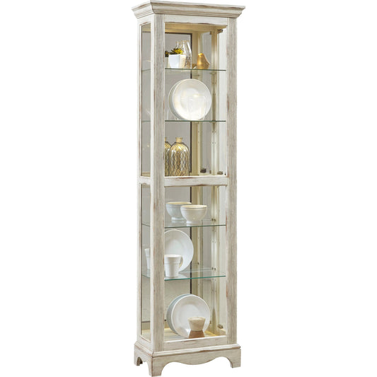 Single Side Entry Curio by Pulaski Furniture in distressed, white paint. Made from select hardwoods, oak veneers in a modern style.
