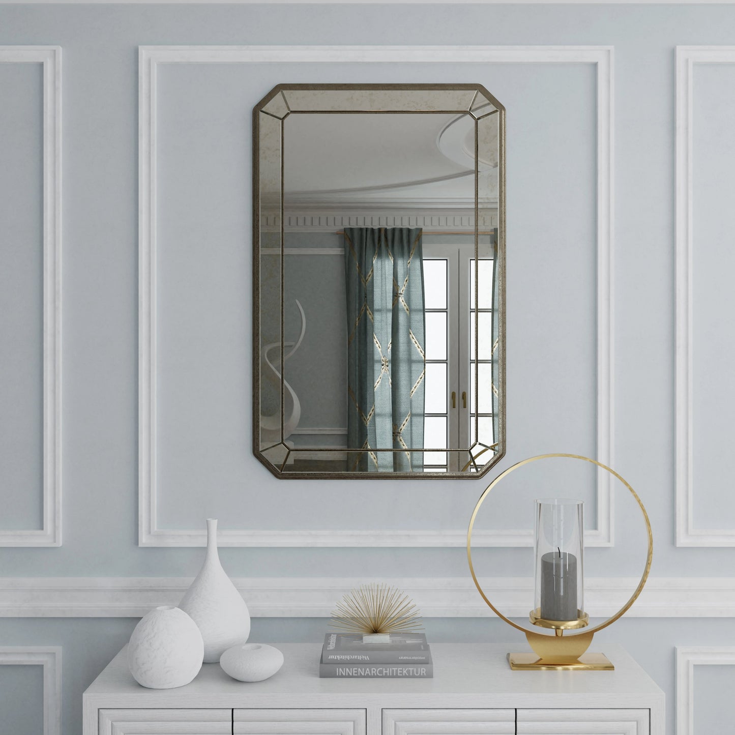 003 S-222869 | Lifestyle | Antiqued Wall Mirror by Currey and Company in antique mirror. Made from wood, mirror in a traditional style.