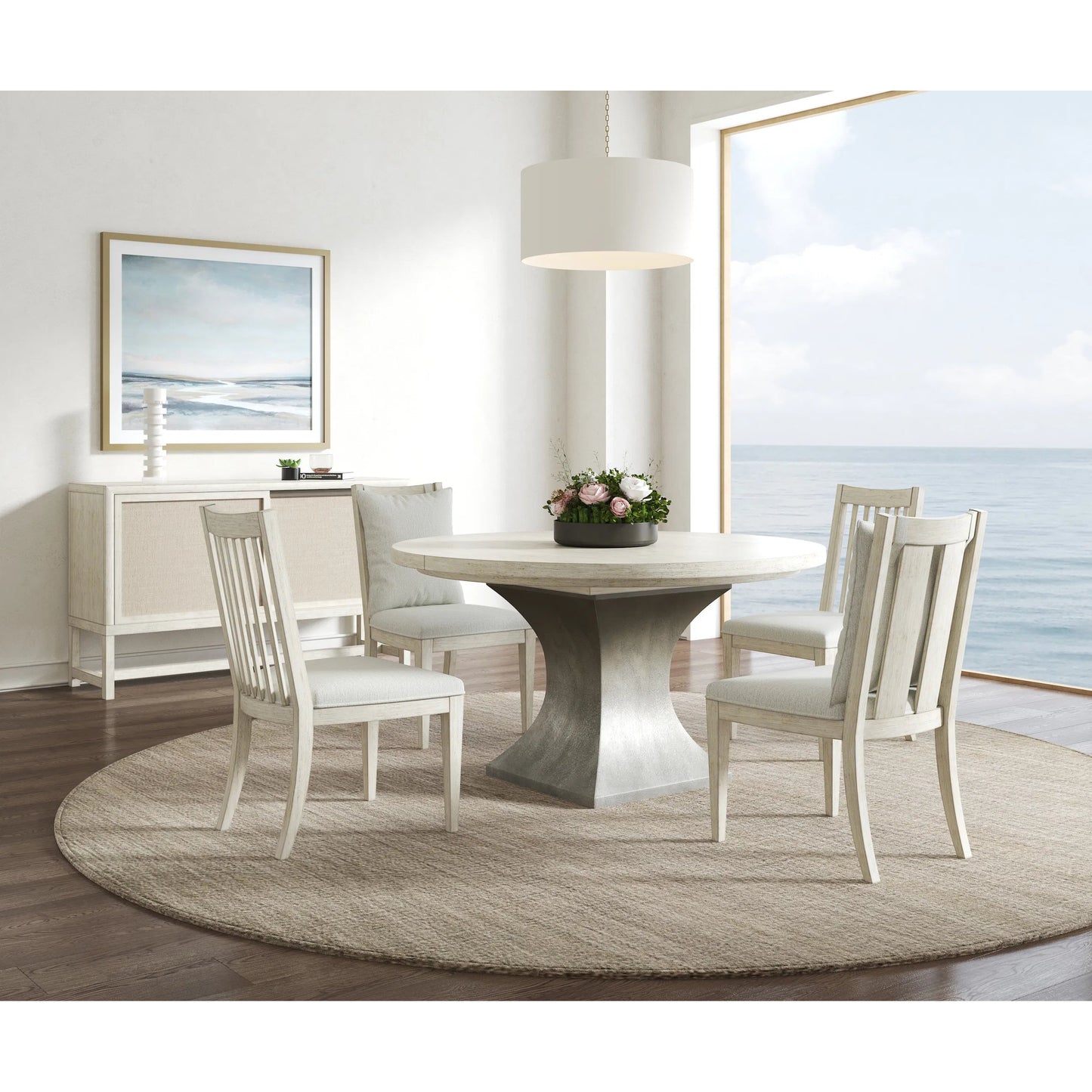 004 SI-2453378 | Lifestyle | Cotiere Round Dining Table by A.R.T. Furniture in linen, sanded bronze. Made from parawood solids, mixed split cathedral, quarter white oak veneers, fabric in a modern style.