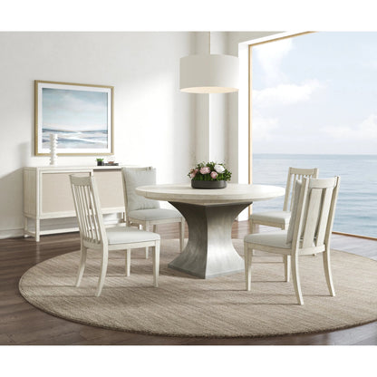 Cotiere Round Dining Table by A.R.T. Furniture in linen, sanded bronze. Made from parawood solids, mixed split cathedral, quarter white oak veneers, fabric in a modern style.