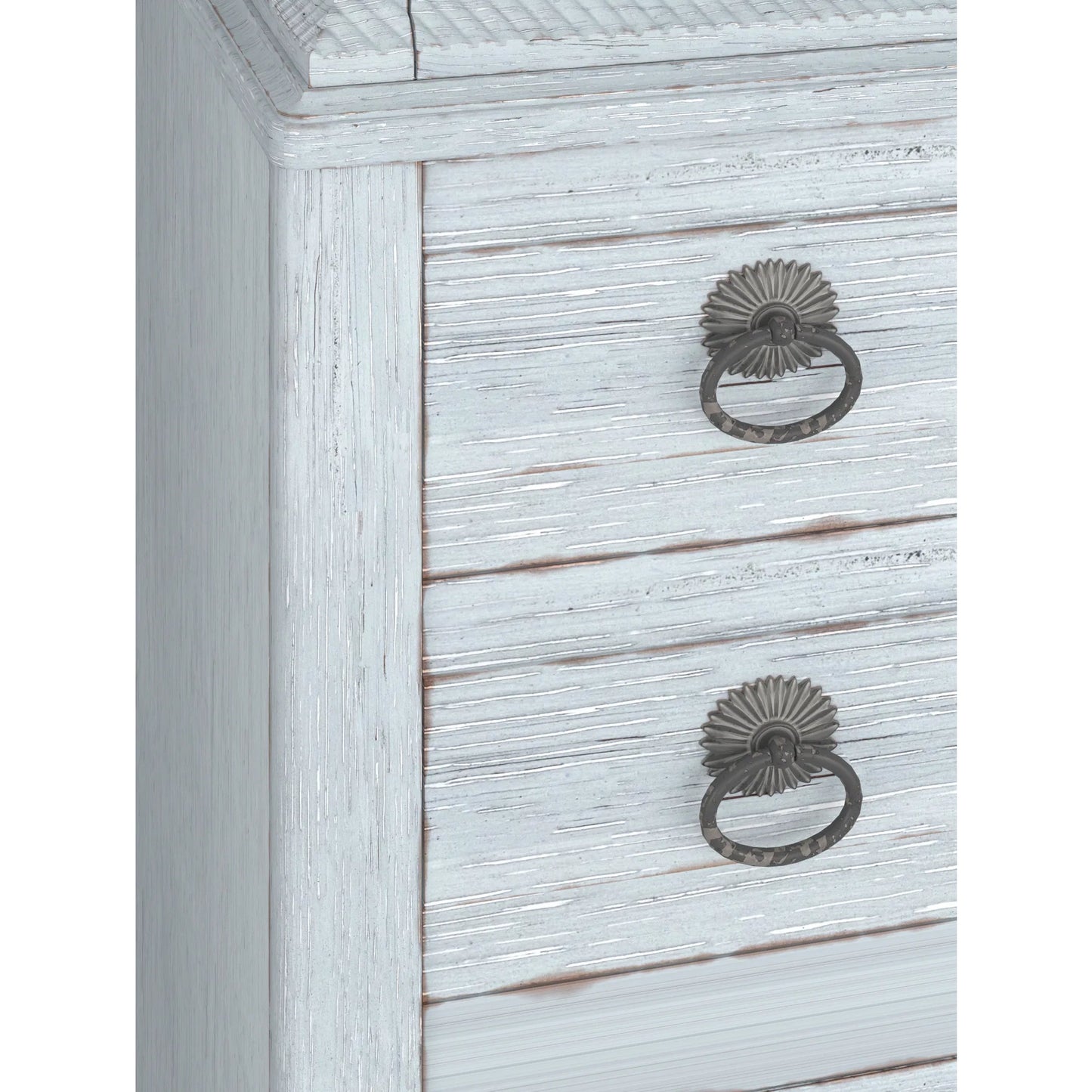 006 SI-2447961 | Closeup | Summer Creek 8 Drawer Chest by A.R.T. Furniture in shutter blue. Made from flakey cathedral oak veneer, parawood solids in a cottage & farmhouse style.
