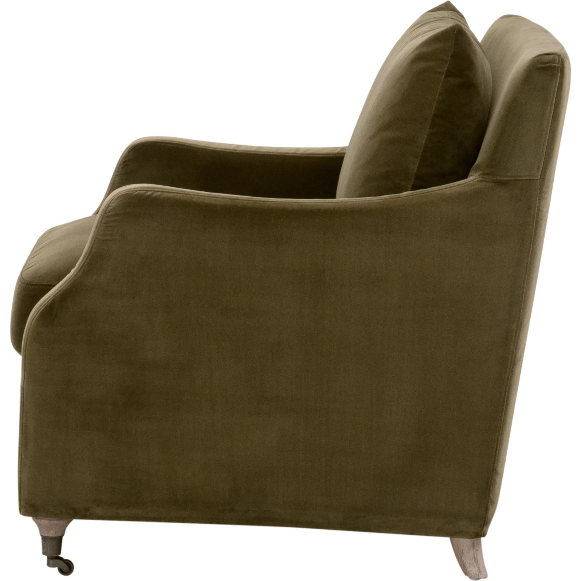Jade Slipcover Club Chair by Essentials For Living in olive velvet, natural gray oak. Made from unique in a traditional style.