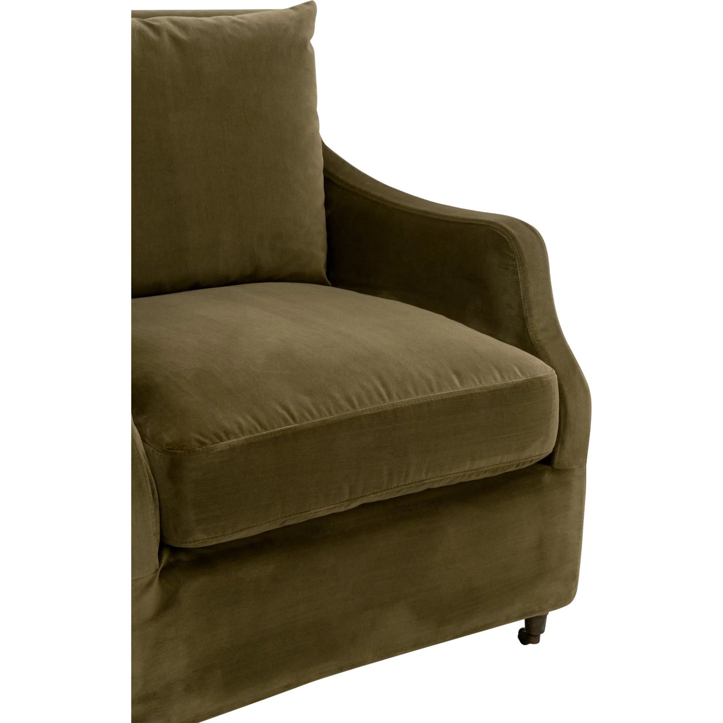002 SI-2374646 | Closeup | Jade Slipcover Club Chair by Essentials For Living in olive velvet, natural gray oak. Made from unique in a traditional style.