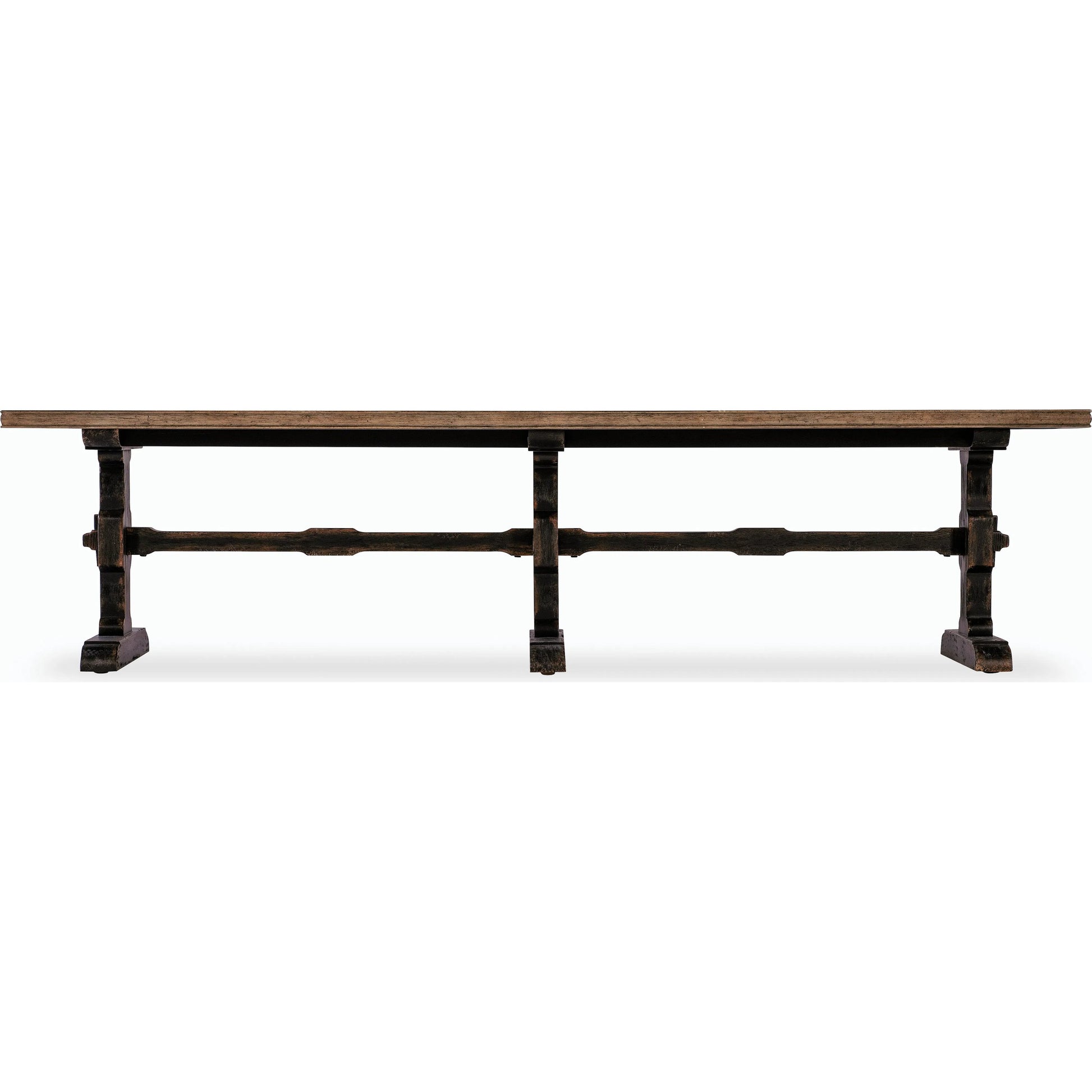 Americana Trestle Rectangle Cocktail Table by Hooker Furniture in black and molasses finish. Made from oak veneers with solid-wood edge top in a modern style.