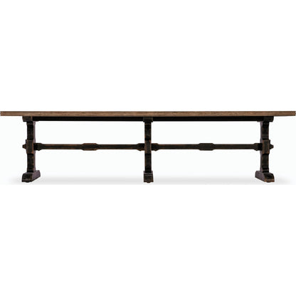 Americana Trestle Rectangle Cocktail Table by Hooker Furniture in black and molasses finish. Made from oak veneers with solid-wood edge top in a modern style.