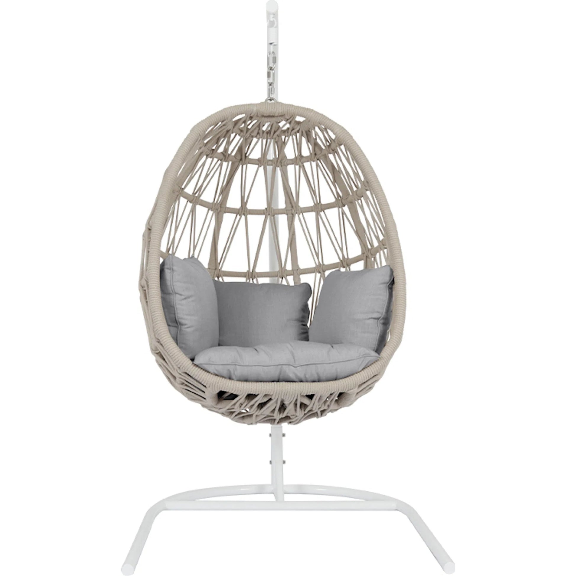 Dana Outdoor Rope Hanging Club Chair by Sunset West in whites/creams/beiges. Made from olefin rope in a coastal style.