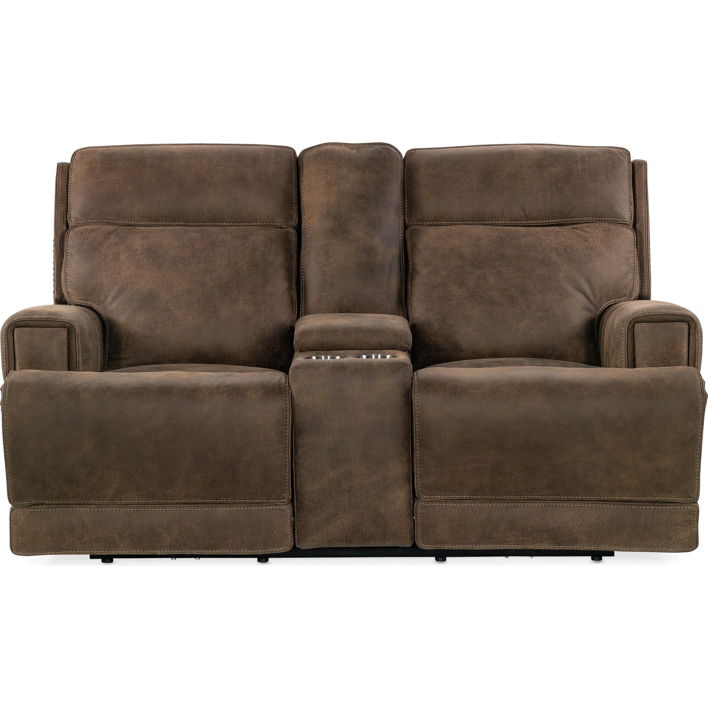 004 SI-2029073 | Additional Silo | Wheeler Power Console Loveseat by Hooker Furniture in seville timber. Made from leather, seville timber (aniline). seville timber features natural hallmarks of the trail such as fat wrinkles healed scars, scratches, mite 