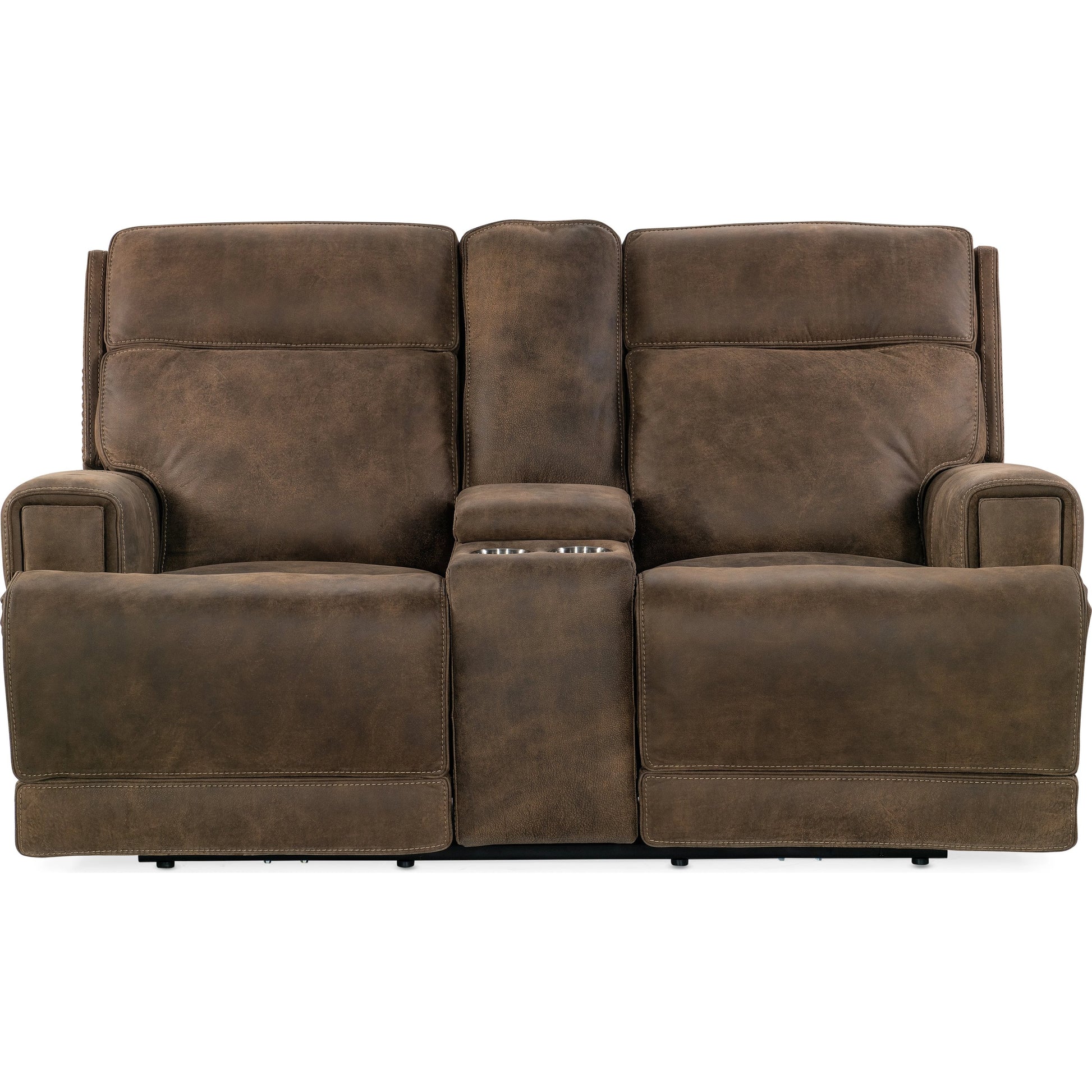 Wheeler Power Console Loveseat by Hooker Furniture in seville timber. Made from leather, seville timber (aniline). seville timber features natural hallmarks of the trail such as fat wrinkles healed scars, scratches, mite 