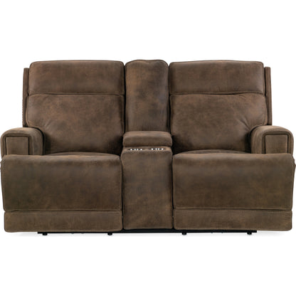 Wheeler Power Console Loveseat by Hooker Furniture in seville timber. Made from leather, seville timber (aniline). seville timber features natural hallmarks of the trail such as fat wrinkles healed scars, scratches, mite 