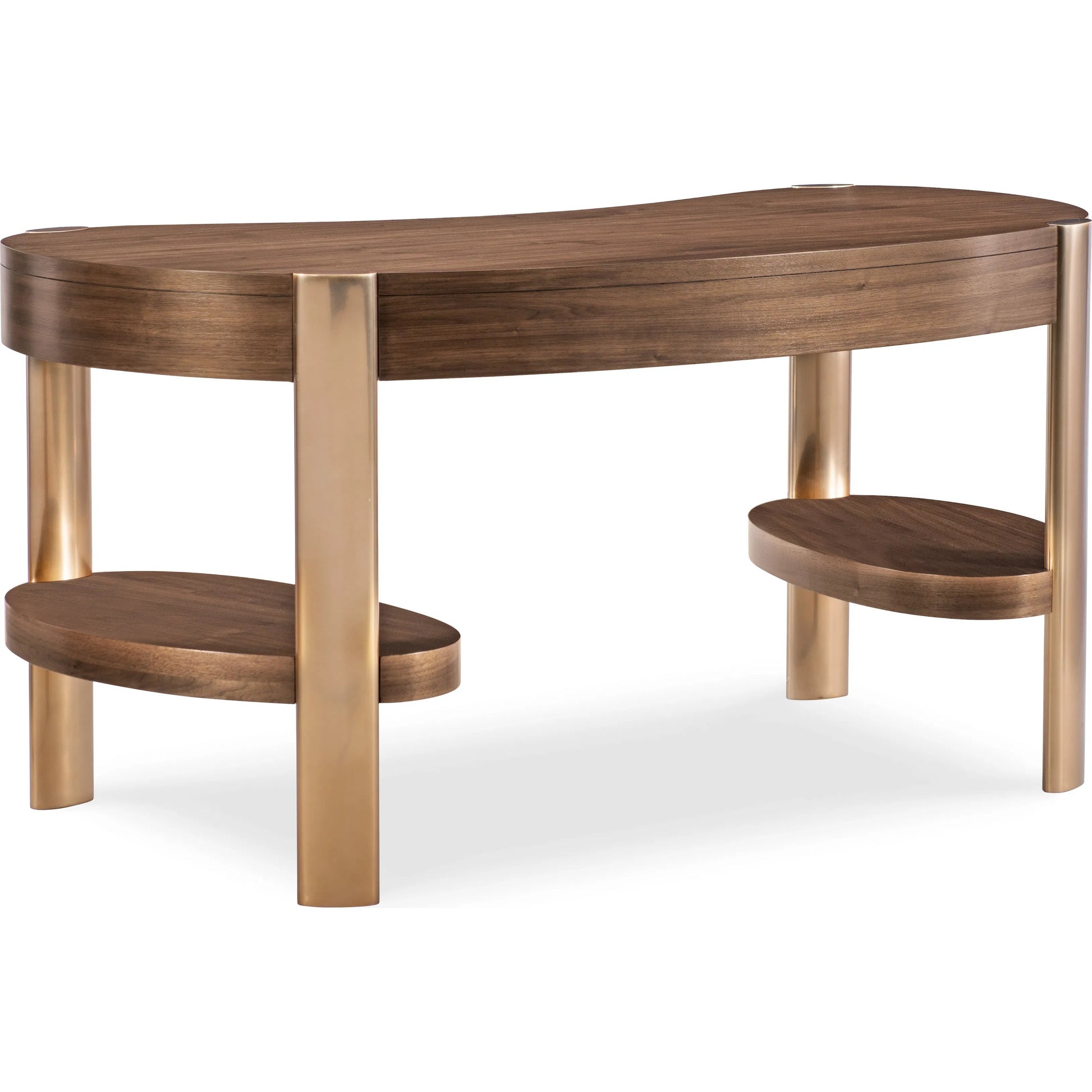 Eleana Writing Desk by Hooker Furniture in light caramel, sunlit bronze metal. Made from walnut veneers, metal in a modern style.