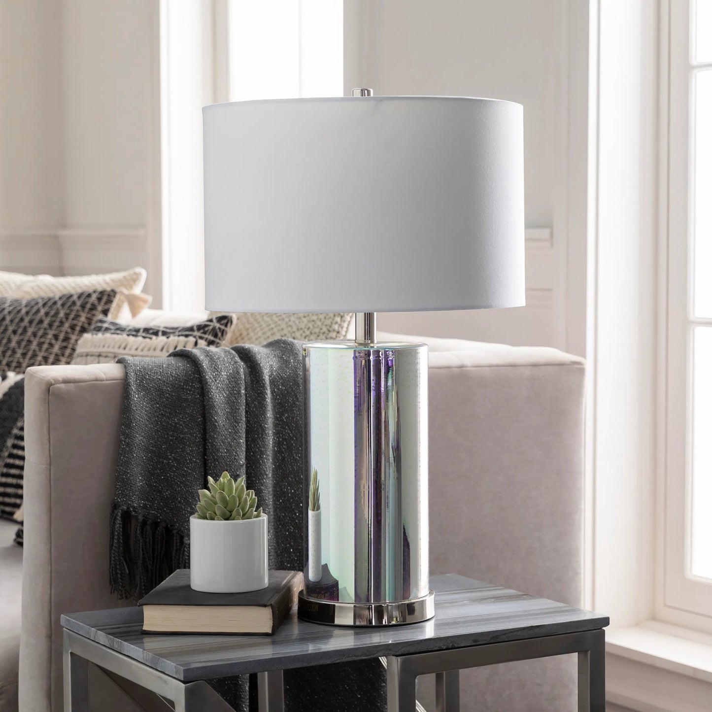 003 SR-755273 | Lifestyle | Janelle Lamp - 23741 by Surya in white, translucent, metallic silver, metallic nickel and white. Made from polyester, glass, metal in a transitional style.