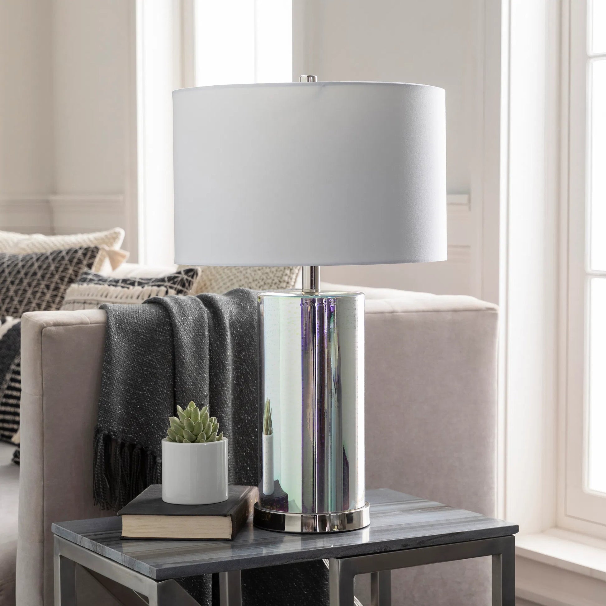 Janelle Lamp - 23741 by Surya in white, translucent, metallic silver, metallic nickel and white. Made from polyester, glass, metal in a transitional style.