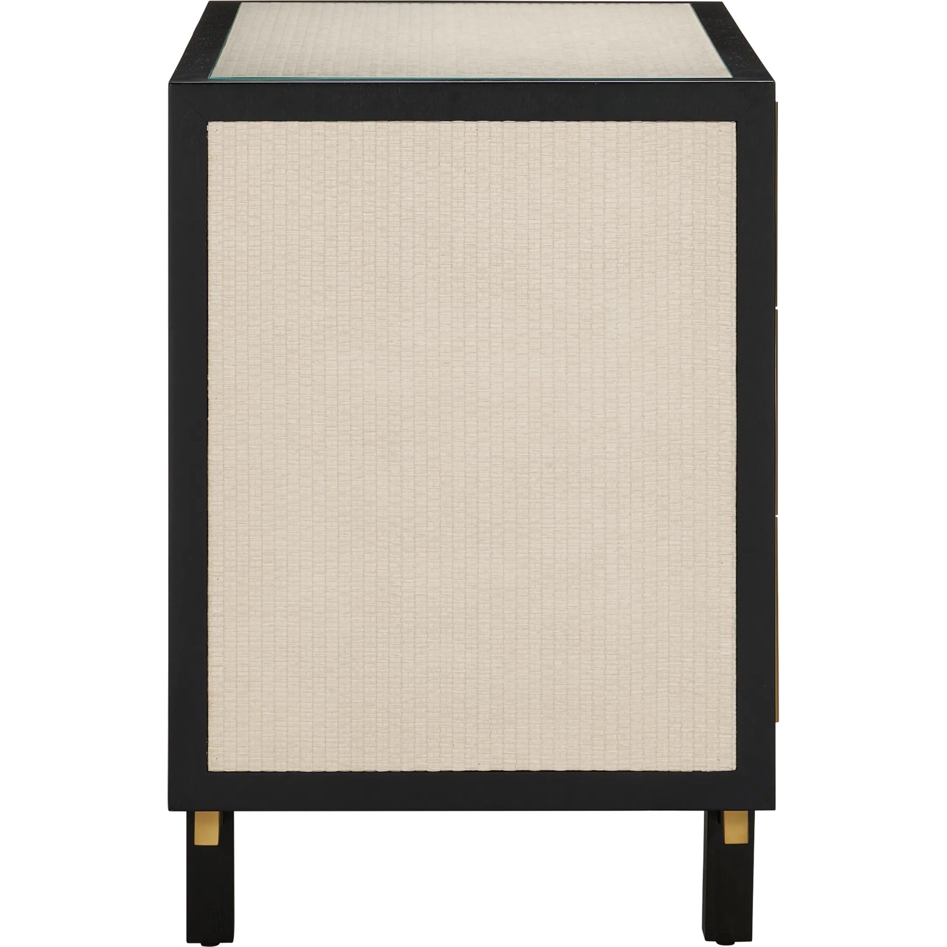 Deanna Raffia Nightstand by Currey and Company in ivory, black, brushed brass, natural, dusty blue, clear. Made from raffia, okume veneer, stainless steel, sycamore veneer, tempered glass in a modern style.