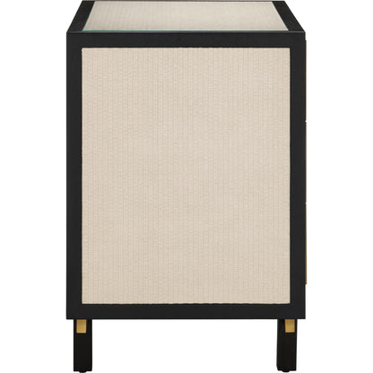 Deanna Raffia Nightstand by Currey and Company in ivory, black, brushed brass, natural, dusty blue, clear. Made from raffia, okume veneer, stainless steel, sycamore veneer, tempered glass in a modern style.