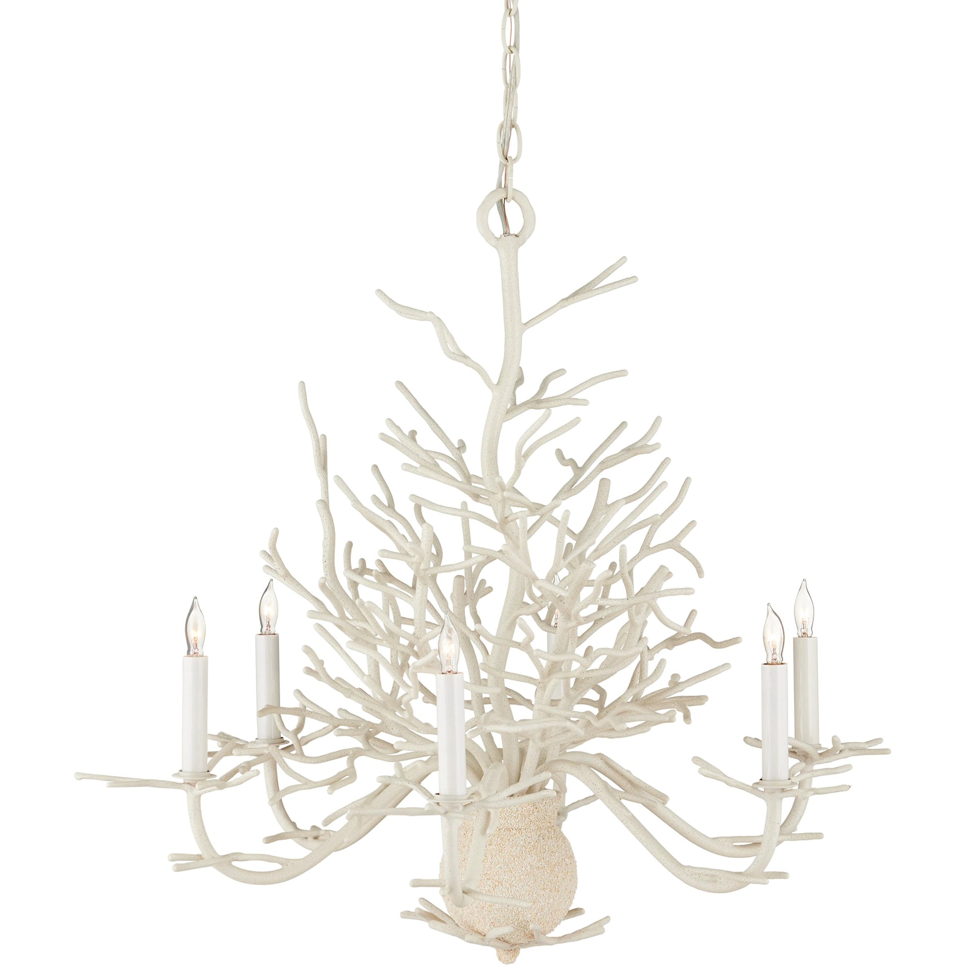 Seaward Chandelier by Currey and Company in white coral, natural sand. Made from wrought iron in a coastal style.