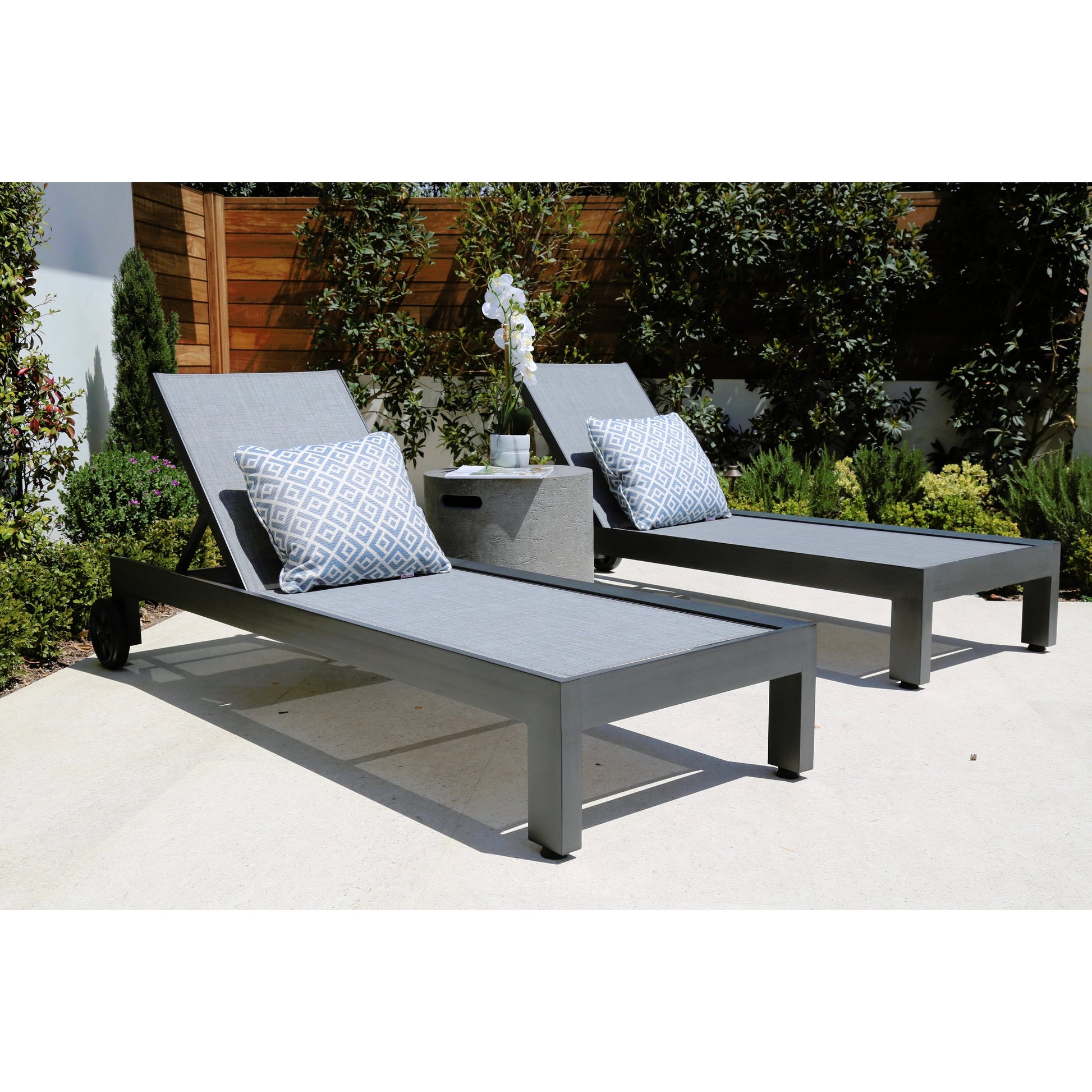 Redondo Outdoor Adjustable Sling Chaise by Sunset West in slate. Made from aluminum in a modern style.