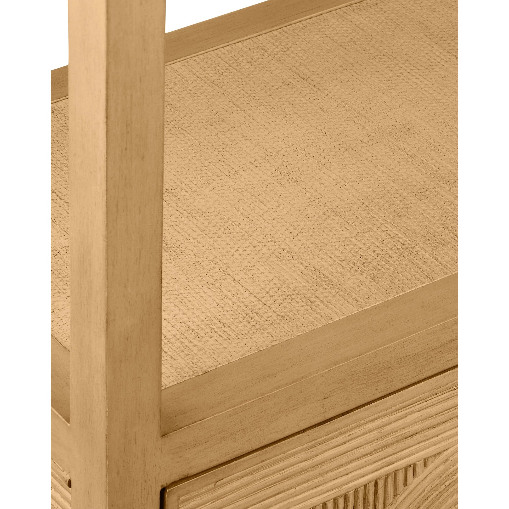 Santos Storage Etagere by Currey and Company in vintage navy, brushed brass. Made from rattan, mahogany, grasscloth, brass in a transitional style.
