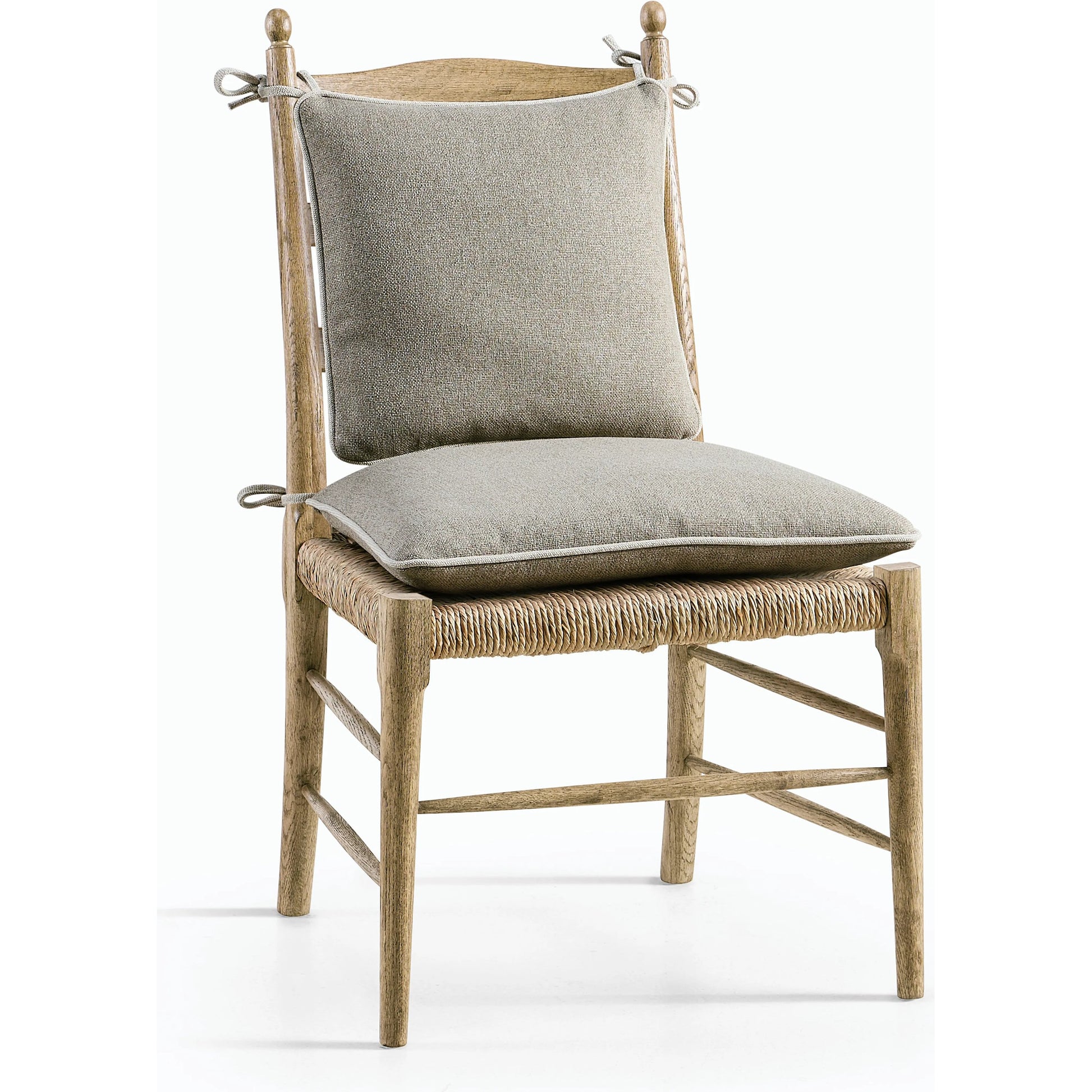 Timeless Doppler Ladderback Side Chair by Jonathan Charles in brown. Made from oak, fiber rush, foam, fabric in a coastal style.