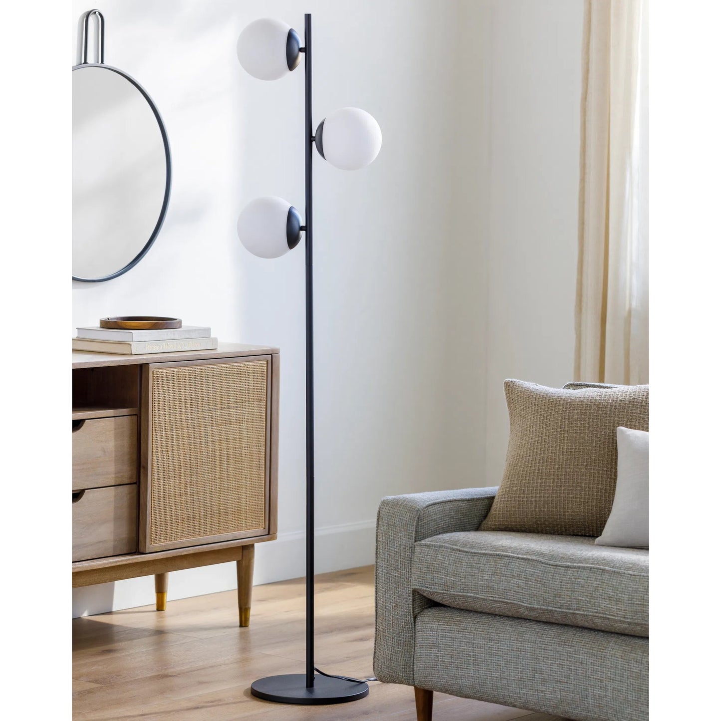 002 SI-2048627 | Lifestyle | Jacoby - 34310 by Livabliss in body: black, base: black, shade: white, cord: translucent and painted. Made from body: metal, base: metal, shade (outside): glass in a modern style.