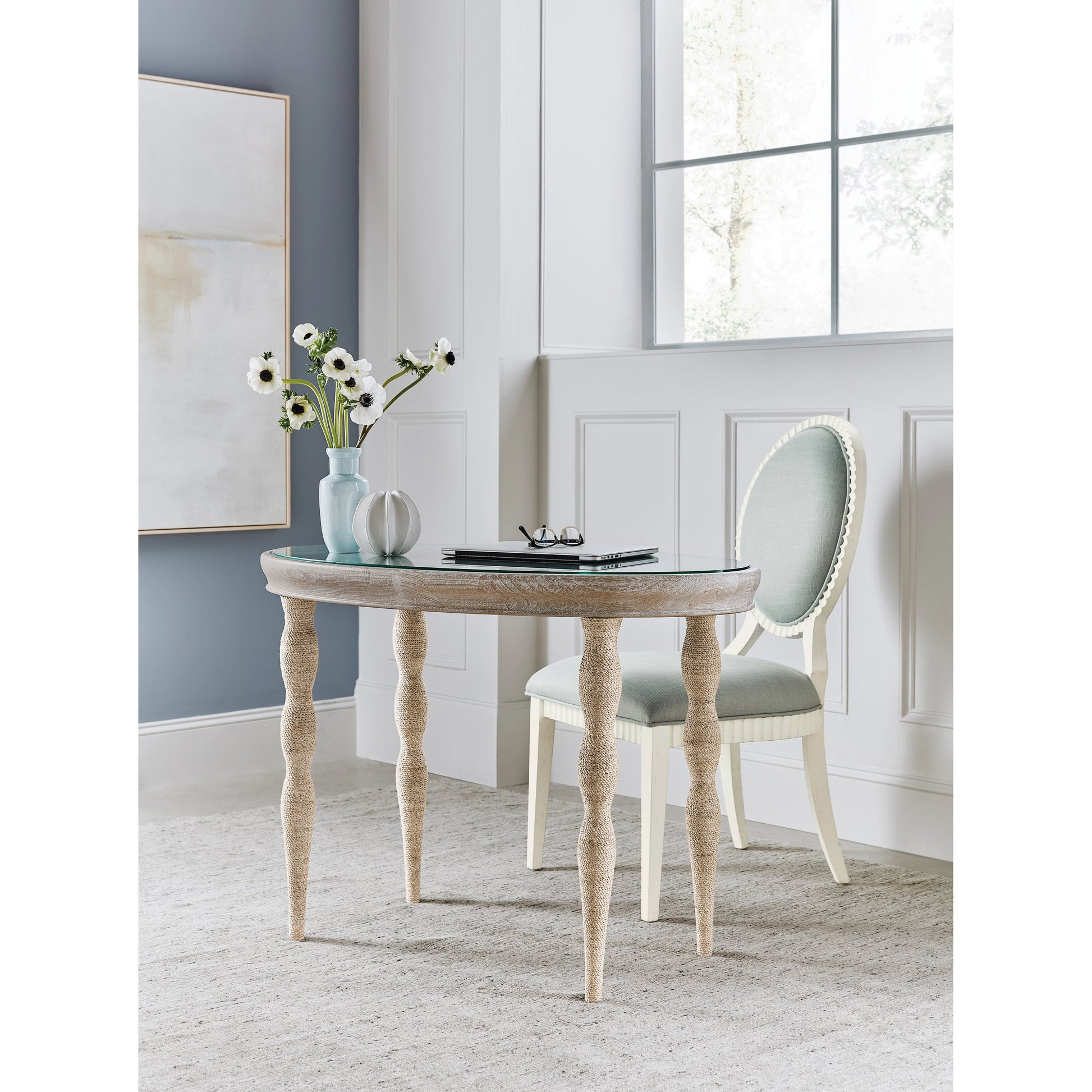 Serenity Shoal Writing Desk by Hooker Furniture in surf. Made from oak veneers, rope, printed glass in a cottage & farmhouse style.