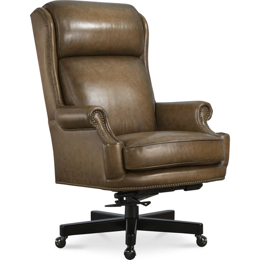 Tucker Executive Swivel Tilt Chair by Hooker Furniture in nature and espresso brown. Made from leather in a unique style.