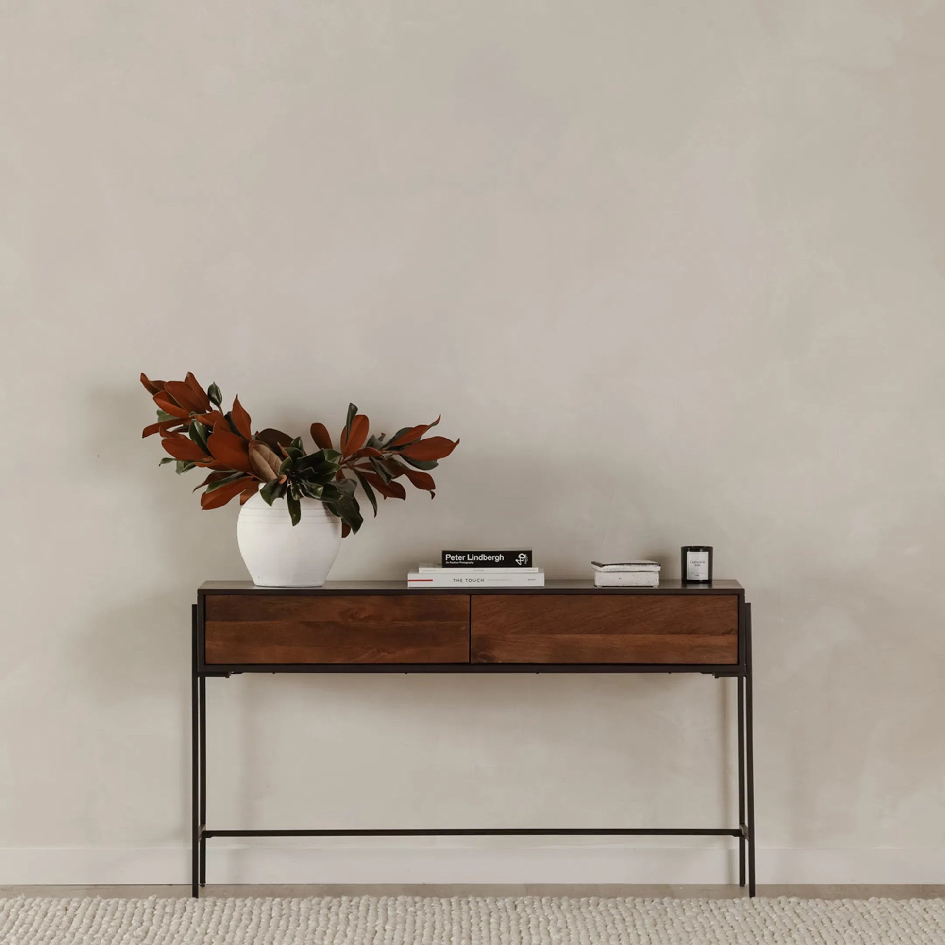 Tobin Console Table by Moe's Home Collection in light brown. Made from solid mango wood, iron base, mdf (carb) in a modern style.